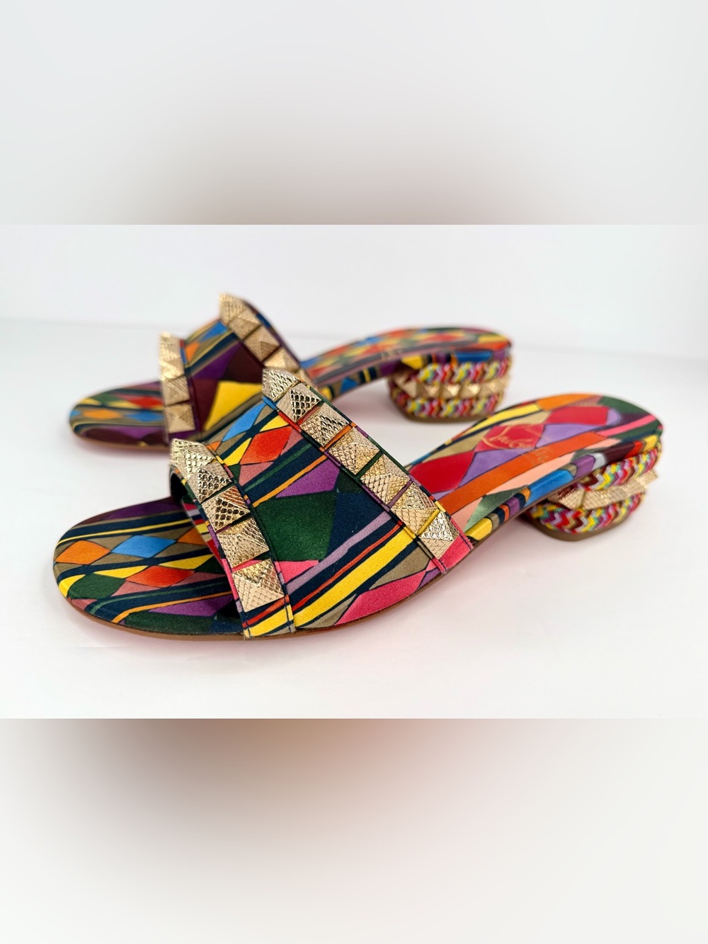 CHRISTIAN LOUBOUTIN Pyramule Slide Mule Multicolor Satin Sandals Size EU 37